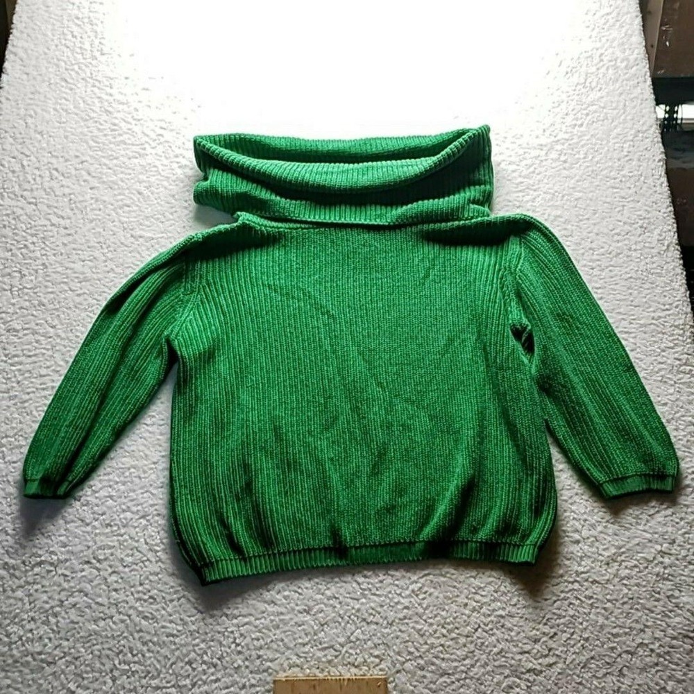 DKNY Sweater Womens Large Green Cowl Neck Long Sleeve Cotton Knit Pullover